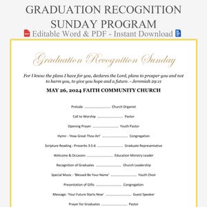 Op de afbeelding: Een sjabloon voor een afstudeerprogramma met een gele rand. De tekst bevat "Graduation Recognition Sunday Program" en een lijst met service-elementen. De datum is 26 mei 2024 in Faith Community Church.