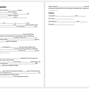 May include: A DJ Services Agreement, a document with sections for event details, services, payment terms, and responsibilities. Includes signature sections and additional terms, all on a white background.