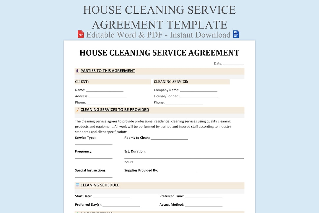 Clean Contract Template, House Terms, Service Sample, Maid Form, Dust ...