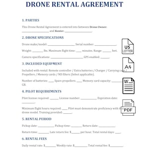 May include: A white document titled "Drone Rental Agreement" with sections for parties, drone specifications, included equipment, pilot requirements, rental period, and rental fees. Includes a US Letter icon, an A4 icon, a document icon, and a PDF icon.