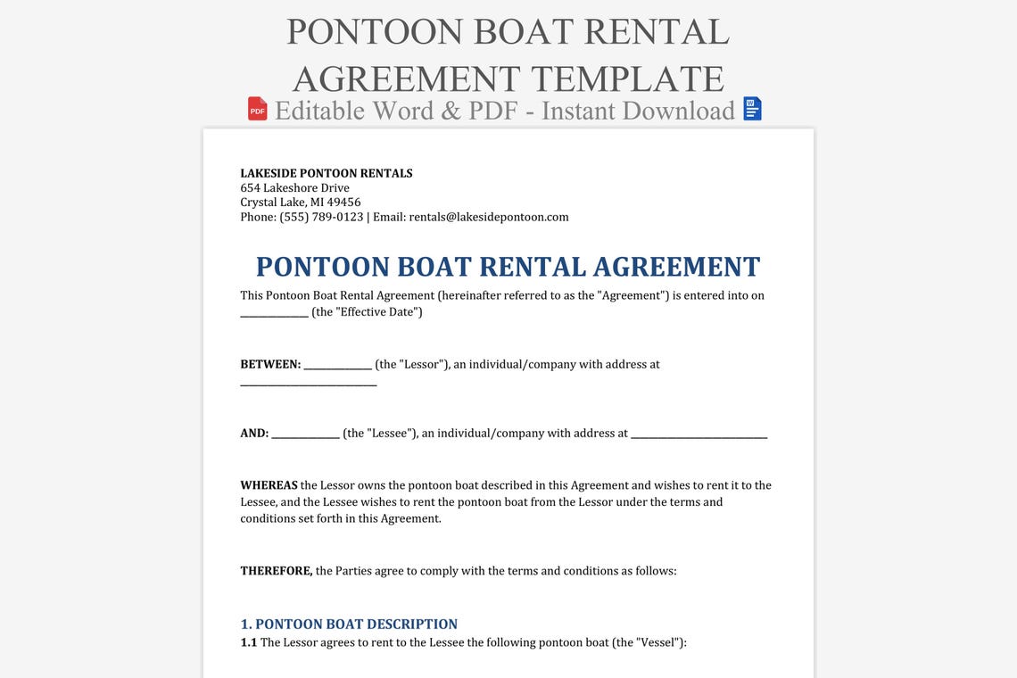 Pontoon Boat Rental Agreement Template. Printable Party Barge Lease
