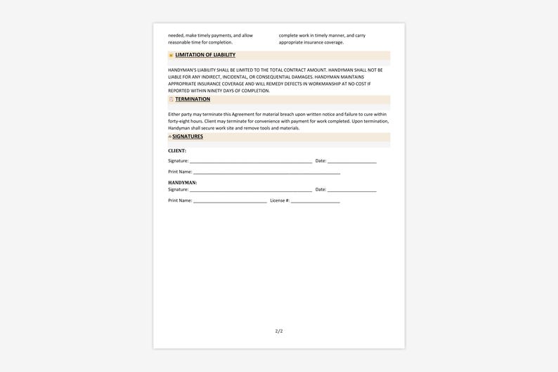 Handyman Service Contract Template Home Repair Agreement Etsy
