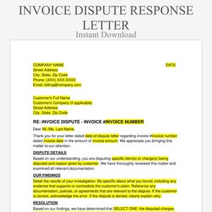 Op de afbeelding: Een afdrukbare sjabloon voor een antwoordbrief bij factuurgeschillen. Het document bevat velden voor bedrijfs- en klantgegevens, een geschil samenvatting, bevindingen en een oplossing. De tekst is zwart op een witte achtergrond, met geel gemarkeerde secties.