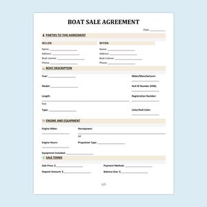 May include: A white document titled "BOAT SALE AGREEMENT" with sections for seller and buyer information, boat description, engine and equipment details, and sale terms. The document is on a light blue background.