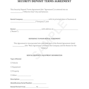 Könnte beinhalten: Ein Rechtsdokument mit dem Titel "Security Deposit Terms Agreement" mit Abschnitten für Vermieter, Mieter und Informationen zu Mietobjekten/Ausrüstung. Das Dokument enthält Kontrollkästchen für Fahrzeug, Ausrüstung, Eigentum und Sonstiges.