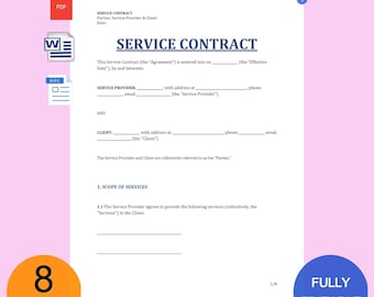 May include: A blank service contract template with the title "Service Contract" in bold, black text. The document includes sections for the Service Provider and Client, as well as a section for the scope of services. The document is fully editable and includes a page number of 1/8.