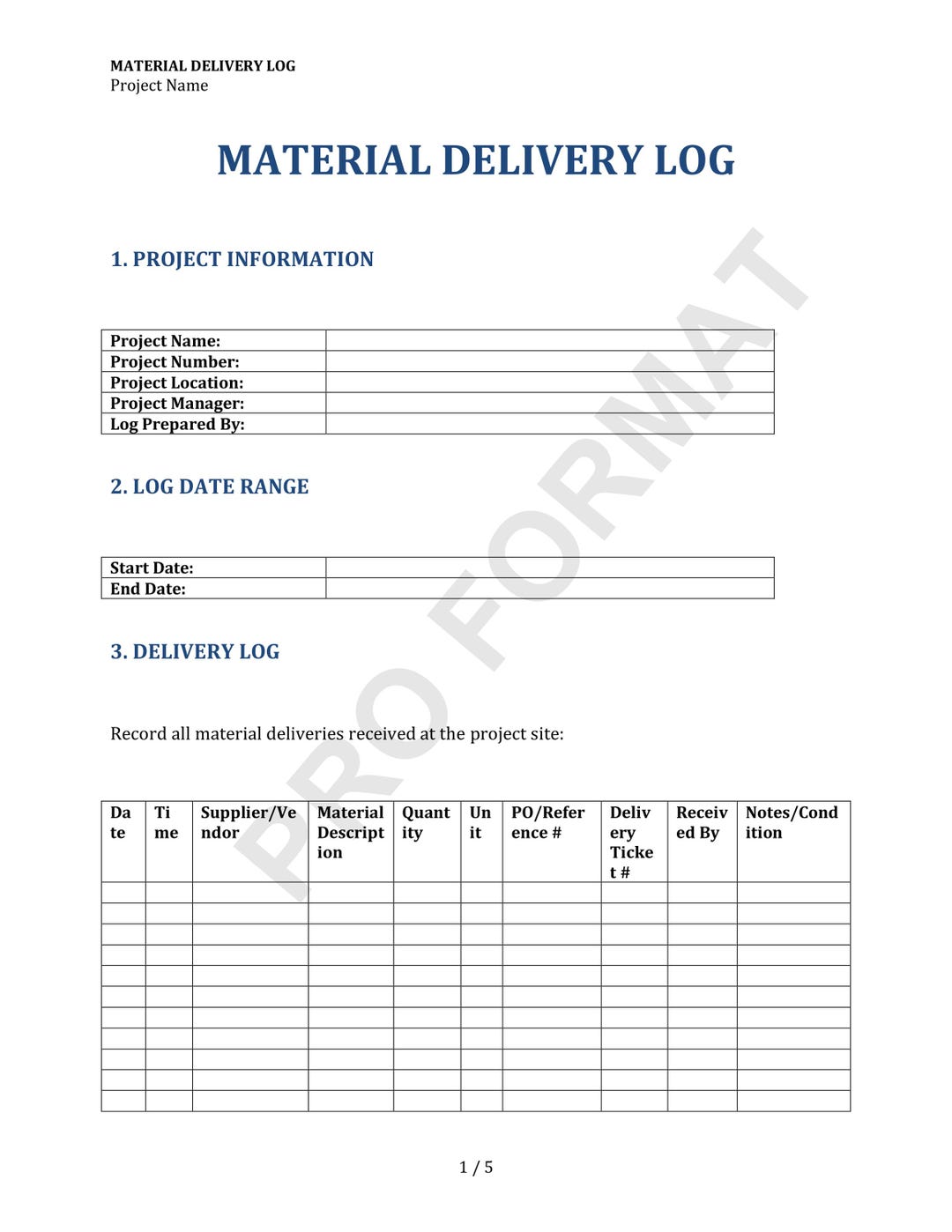 Material Delivery Log Template - Product Delivery Log PDF & Word - Etsy