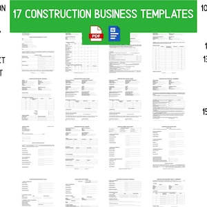 May include: A set of 17 construction business templates, including contracts, site safety plans, and payment applications. The image features a green banner with the text "17 CONSTRUCTION BUSINESS TEMPLATES" and icons for PDF and Word documents.