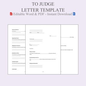 Może przedstawiać: Szablon listu zatytułowany „TO JUDGE LETTER TEMPLATE” z edytowalnymi polami dla odniesień do postaci, dowodów pomocniczych i innych. Szablon jest dostępny do natychmiastowego pobrania w formatach Word i PDF.