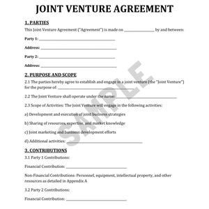 May include: A Joint Venture Agreement document, printed on white paper. The document's title is in bold black text. Sections include Parties, Purpose and Scope, and Contributions. Lines are provided for filling in details.
