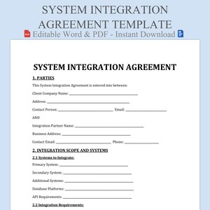 Könnte beinhalten: Ein weißes Dokument mit dem Titel "SYSTEM INTEGRATION AGREEMENT TEMPLATE". Es enthält Abschnitte für beteiligte Parteien, Integrationsumfang und Systemdetails. Als bearbeitbares Word & PDF, sofortiger Download.