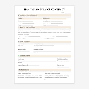 Könnte beinhalten: Eine Vorlage für einen Handwerker-Servicevertrag mit Abschnitten für Kunden- und Handwerkerdetails, Leistungen, Arbeitszeitplan, Zahlungsbedingungen und Verantwortlichkeiten. Schwarzer Text auf weißem Papier.