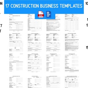 Puede incluir: Imagen que muestra 17 plantillas para empresas de construcción, incluyendo contratos, planes de seguridad y propuestas de proyectos. La imagen presenta una pancarta azul con el texto "17 CONSTRUCTION BUSINESS TEMPLATES" e iconos de PDF y Word.
