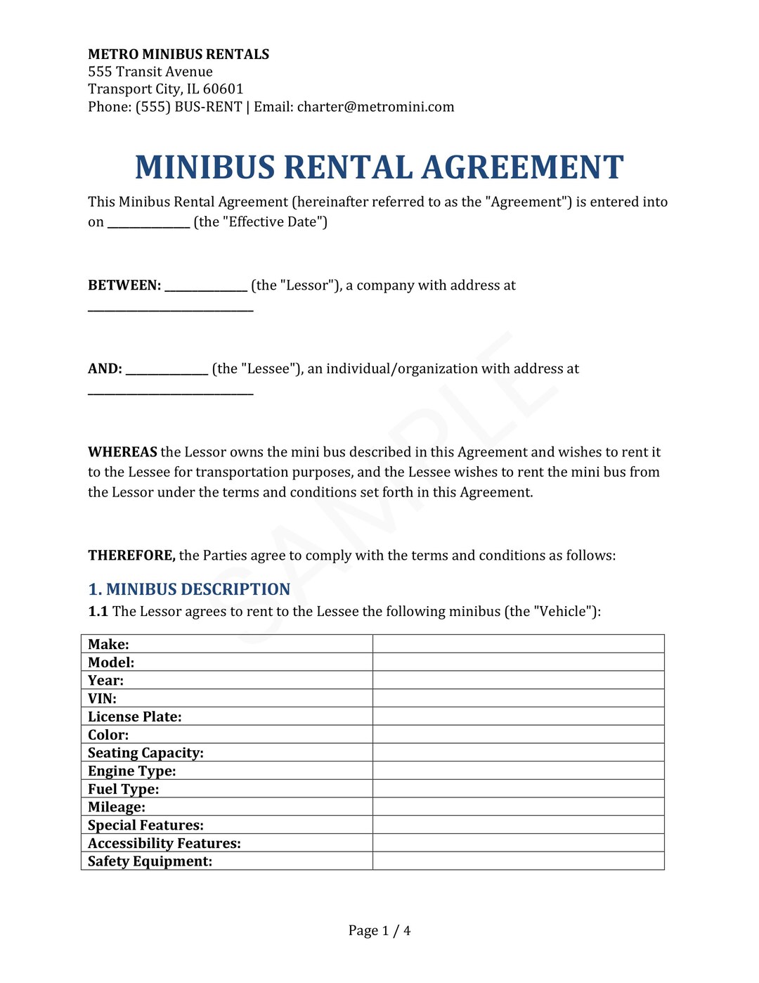 Minibus Rental Agreement Template - PDF and Word Download - Etsy