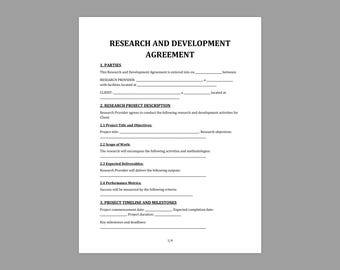 May include: A white document titled "RESEARCH AND DEVELOPMENT AGREEMENT" with black text. The document is divided into sections, including "PARTIES" and "RESEARCH PROJECT DESCRIPTION". The document is on a gray background.