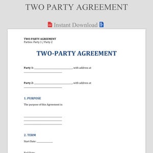 Op de afbeelding: Een wit document getiteld "TWO PARTY AGREEMENT" met de tekst "Instant Download" en een PDF-pictogram. Het document bevat secties voor Partijen, Doel en Termijn, met invulregels.