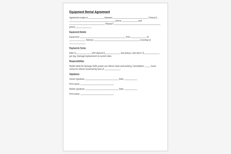 1 Page Equipment Rental Agreement Template, Rent Template, Gear Pdf ...