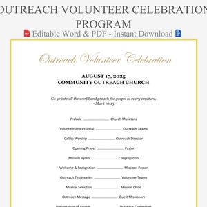 May include: A program for the Outreach Volunteer Celebration, featuring the text "Outreach Volunteer Celebration" and "August 17, 2025". The program includes a list of events and is available as an editable Word and PDF instant download.