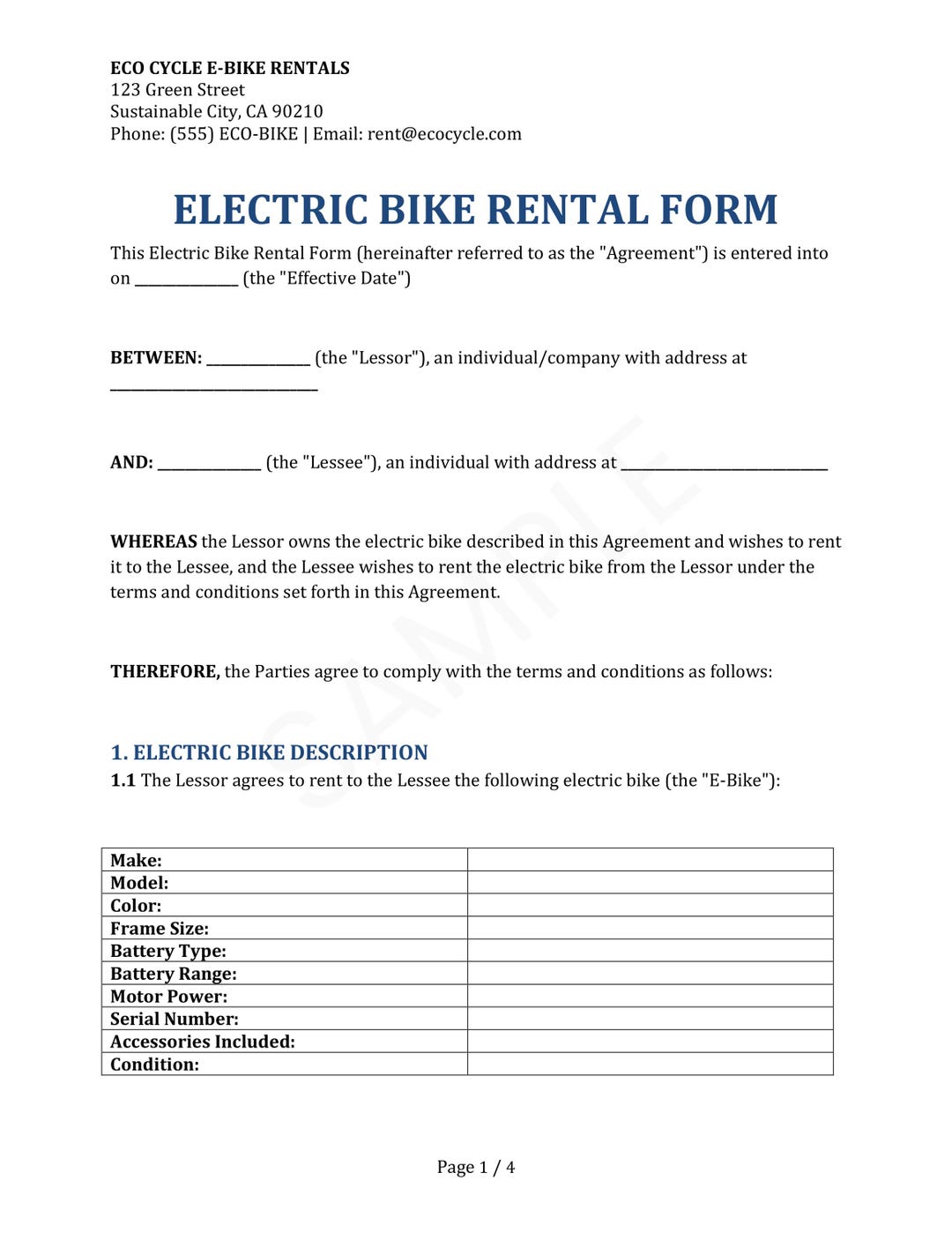 Electric Bike Rental Form Template - PDF and Word Download - Etsy