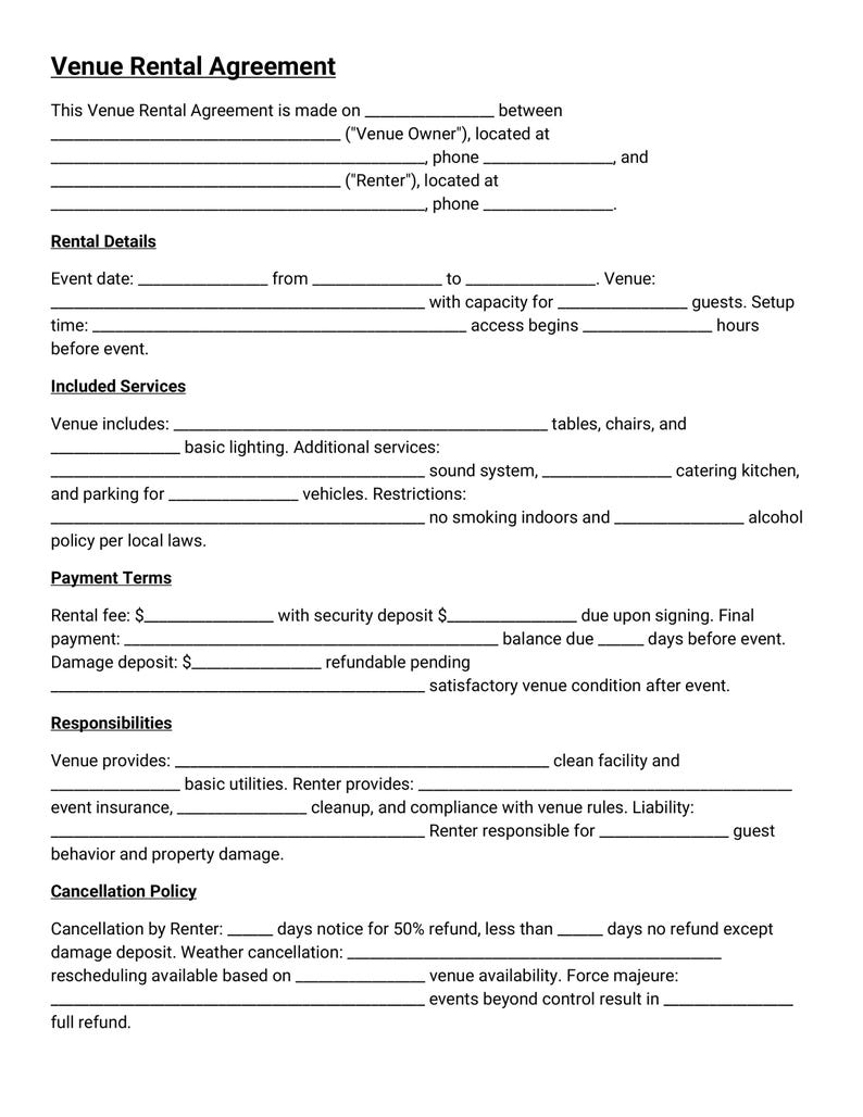 Venue Rental Agreement Template, Event Space Contract, Party Location ...
