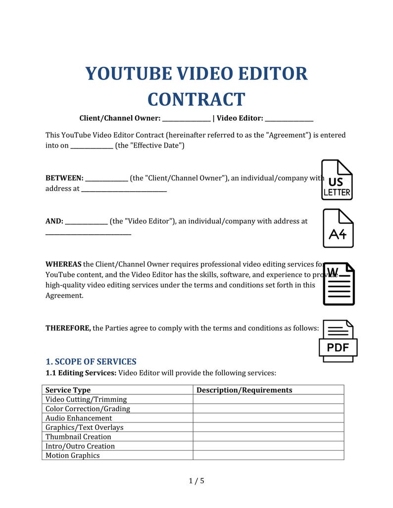 Video Content Contract Youtube Video Editor Contract Template - Word & PDF Download - Etsy