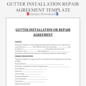 Modello di contratto per l&#39;installazione o la riparazione di grondaie. Modulo di manutenzione per l&#39;impianto di scarico dell&#39;acqua piovana stampabile. Contratto di grondaia modificabile per la proprietà. PDF Word.