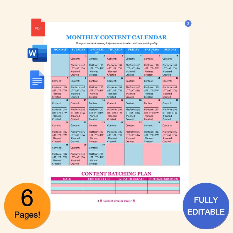 Content Creator Planner Template | Editable in MS Word & PDF | Planner ...