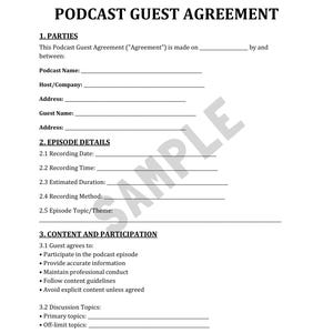 Può includere: Un documento bianco intitolato "ACCORDO OSPITE PODCAST" con sezioni per le parti, i dettagli dell'episodio e la partecipazione ai contenuti. Il documento include righe vuote per informazioni come il nome del podcast e la data di registrazione.