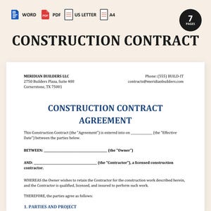 Könnte beinhalten: Eine siebenseitige Bauvertrags-Dokumentvorlage mit der Überschrift CONSTRUCTION CONTRACT in fetter schwarzer Schrift. Sie enthält Felder für die Kontaktdaten von Meridian Builders LLC sowie Namen von Eigentümer und Auftragnehmer.