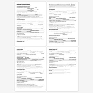 Puede incluir: Documento de cuatro páginas titulado "Acuerdo de servicios de manitas" con secciones para condiciones generales, detalles del servicio y precios. El documento está impreso en tinta negra sobre papel blanco.