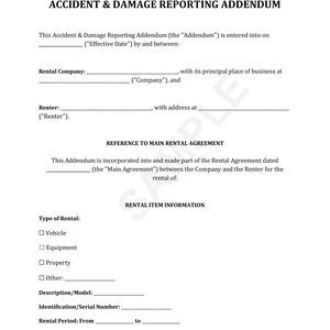 Puede incluir: Un documento legal titulado "Addendum de Reporte de Accidentes y Daños" con secciones para la empresa de alquiler, el arrendatario, la referencia al contrato de alquiler principal y la información sobre el artículo alquilado. El documento incluye casillas de verificación para Vehículo, Equipo, Propiedad y Otro.