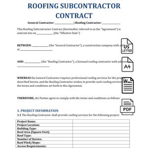 Könnte beinhalten: Ein weißes Dokument mit dem Titel „ROOFING SUBCONTRACTOR CONTRACT“ mit ausfüllbaren Feldern für Generalunternehmer und Dachdecker. Enthält Abschnitte für Projektinformationen, mit einem „US LETTER“-Symbol und einem „PDF“-Symbol.