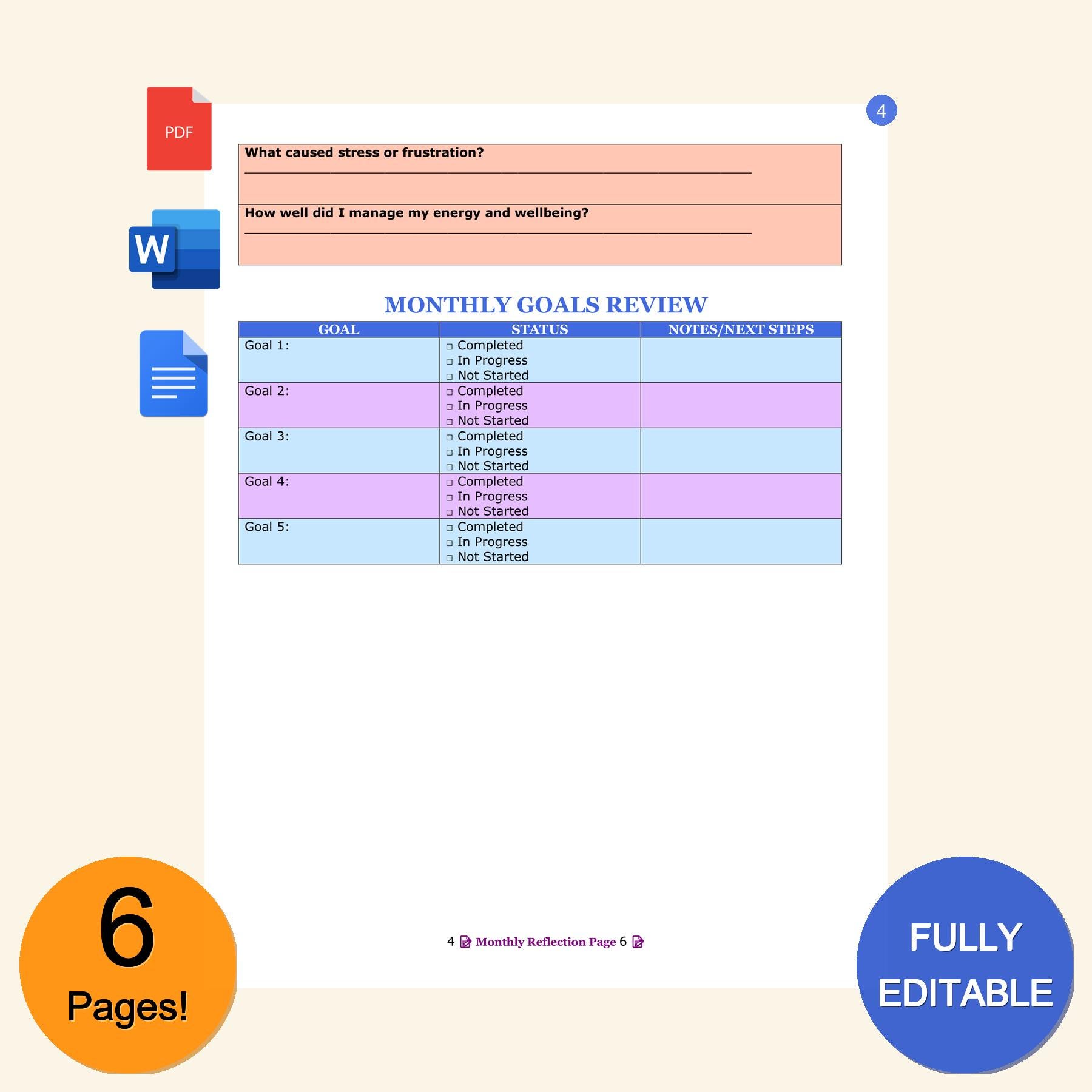 Monthly Review Planner Template | Editable in MS Word & PDF | Planner ...