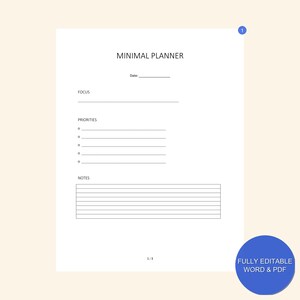 Könnte beinhalten: Ein schwarz-weißer druckbarer Planer mit dem Text "Minimal Planner" oben. Der Planer enthält Abschnitte für Fokus, Prioritäten und Notizen.