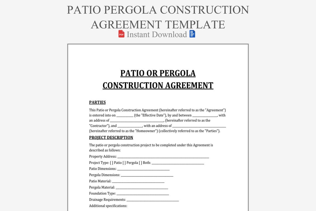 Patio or Pergola Construction Agreement Template. Editable Outdoor ...