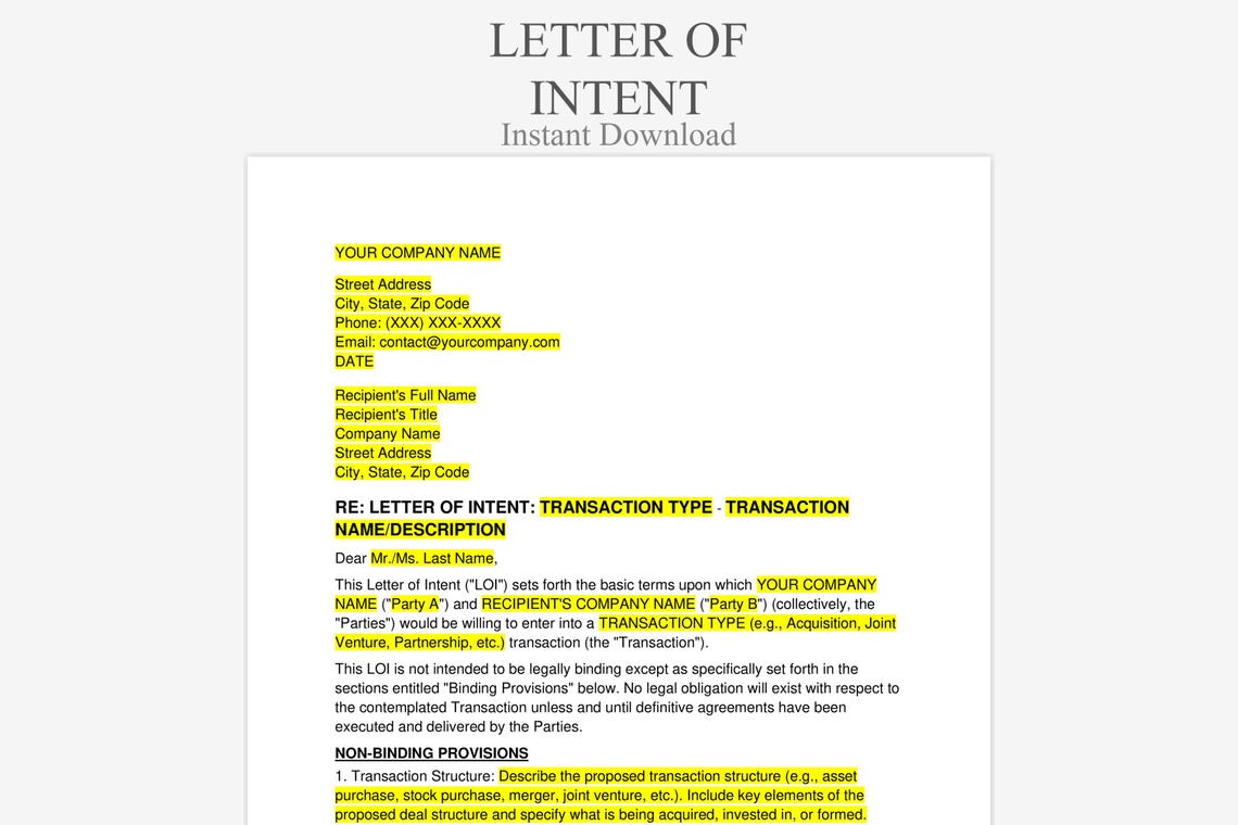 Letter of Intent (LOI) - Business Interest Template | Legal Forms ...