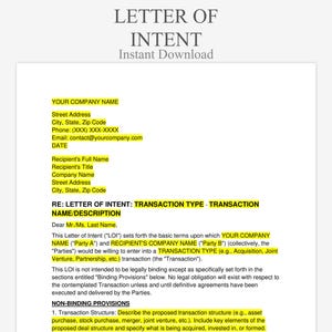 Carta de Intenções (LOI) - Modelo de Interesse Comercial | Formulários Legais | Acordo Preliminar para Negócios - Download do Word Editável