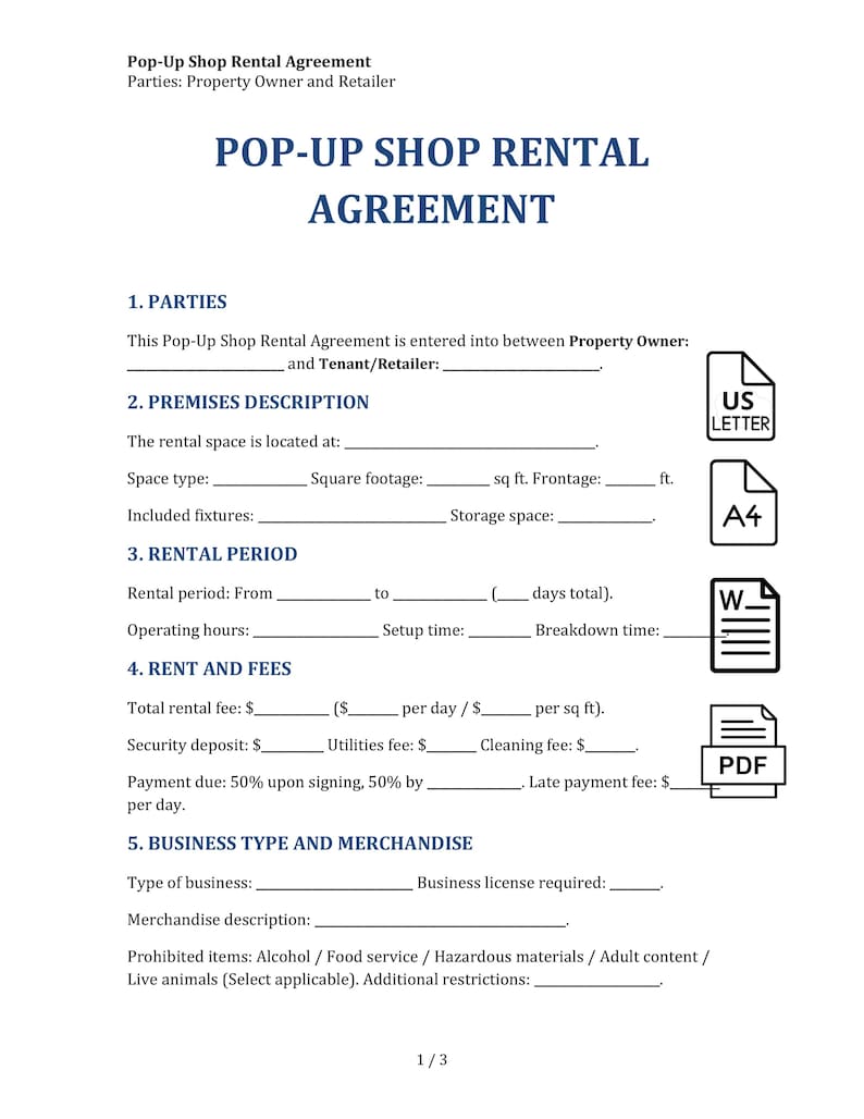 Shop Rent Demand Template Popup Shop Rental Contract Template Sample - Etsy