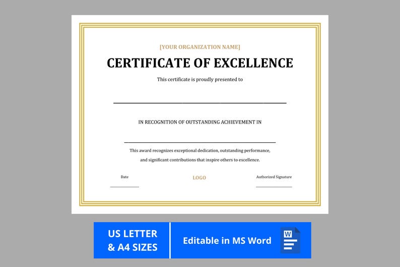 Award Certificate Template – Certificate of Excellence Editable in ...