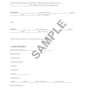Pool Maintenance Service Contract Template | Fully Editable in Word & PDF | Customizable Cleaning Agreement for Pool Companies