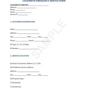 May include: A blank form for locksmith emergency services. The form includes sections for the locksmith company information, customer information, and service location. The form is titled "Locksmith Emergency Service Form".