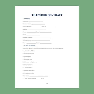 Może przedstawiać: Biały dokument zatytułowany "TILE WORK CONTRACT" z sekcjami dla stron i zakresu prac, w tym obszarów do wyłożenia kafelkami. Dokument znajduje się na zielonym tle.