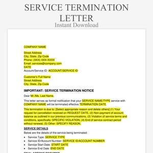 Op de afbeelding: Een wit document getiteld "SERVICE TERMINATION LETTER" met de woorden "Instant Download" eronder. Het document bevat velden voor bedrijfs- en klantgegevens en details over de beëindiging van de service, inclusief servicetype, ID, start- en einddatum.