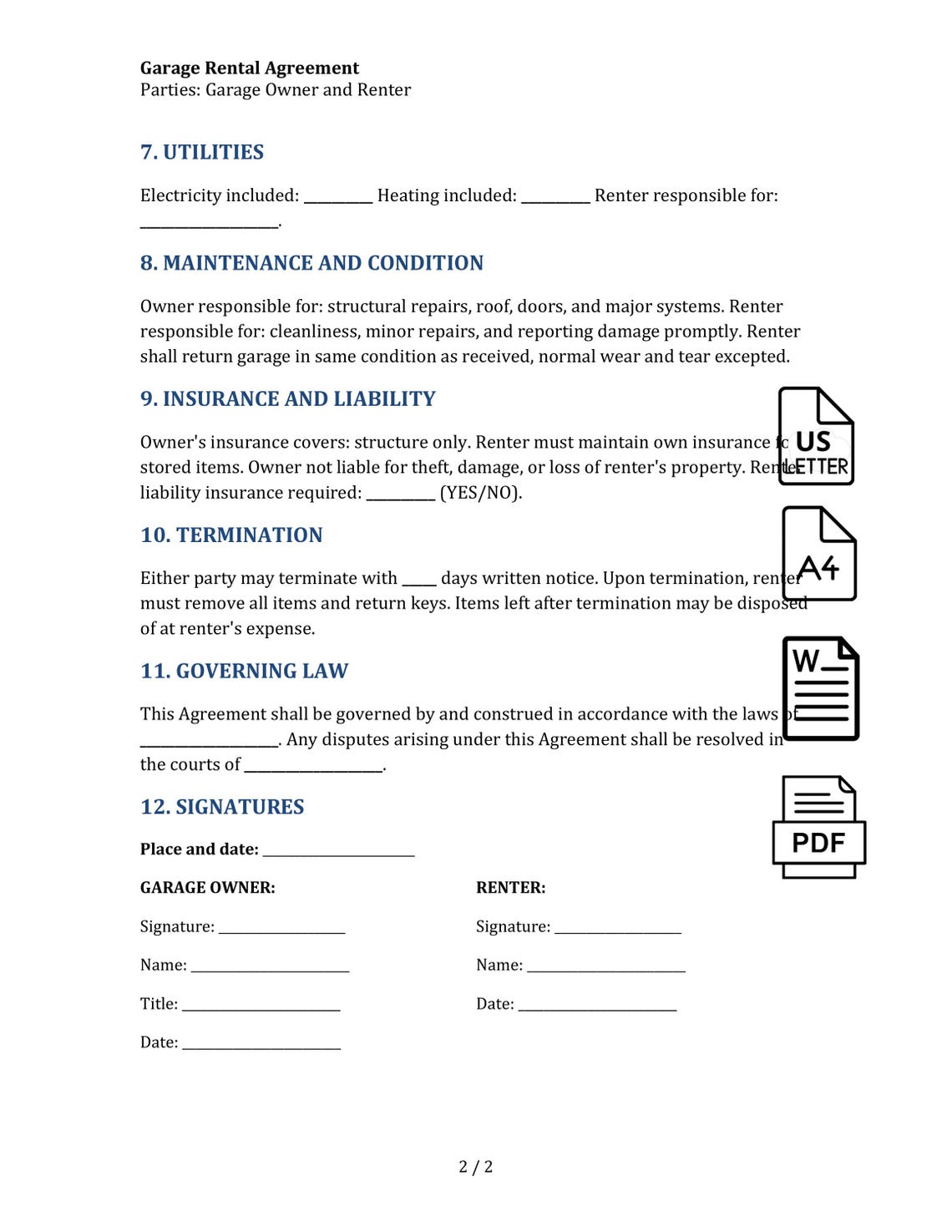 Garage Rental Agreement Template Etsy