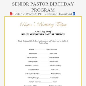 Puede incluir: Un programa imprimible para la celebración del cumpleaños de un pastor principal. El documento presenta el título "Programa de cumpleaños del pastor principal" e incluye la fecha, el nombre de la iglesia y un programa detallado de eventos.