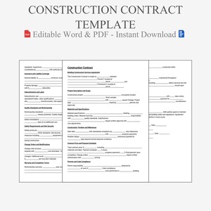 May include: A white construction contract template with text fields and sections for details. The document includes sections for insurance, labor, materials, and payment schedules. The title reads "CONSTRUCTION CONTRACT TEMPLATE".