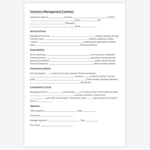 May include: A white document titled "Inventory Management Contract" with text fields for agreement details, services, responsibilities, performance metrics, compensation, and signatures. The document is on a white background.