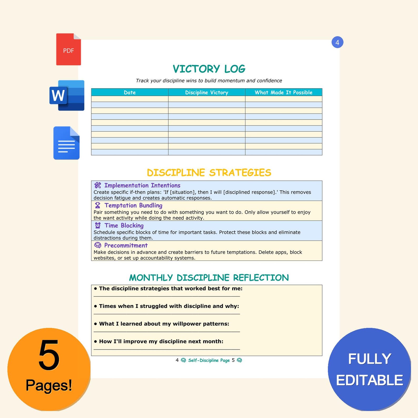 Self Discipline Tracker Template | Editable in MS Word & PDF | Planner ...