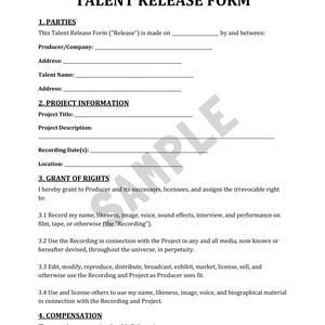 May include: A Talent Release Form printed on white paper. The form includes sections for parties, project information, grant of rights, and compensation. The text "TALENT RELEASE FORM" is at the top. The form is 1 of 3 pages.