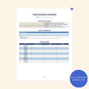 May include: A printable time blocking planner with a blue and white colour scheme. The planner includes sections for today's priorities, time blocks, and a colour code legend. The legend includes categories for focus work, meetings, breaks, and personal time.